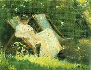 Peter Severin Kroyer kunstnerens hustru siddende i en havestol i deres have pa skagen USA oil painting artist